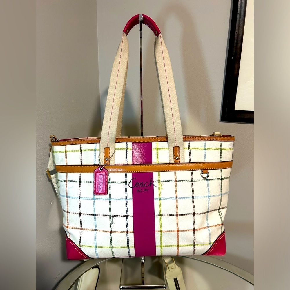 Coach Tattersall Plaid Tote Bag with Pink Accents